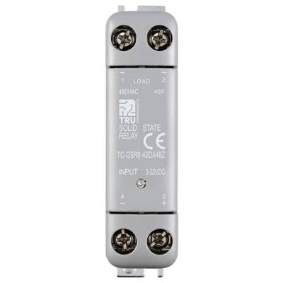 Ein rechteckiges Solid State Relais von TRU Components, Modell TC-GSR8-40DA48Z, 480VAC, 40A, mit Eingangsbereich 3-32VDC.