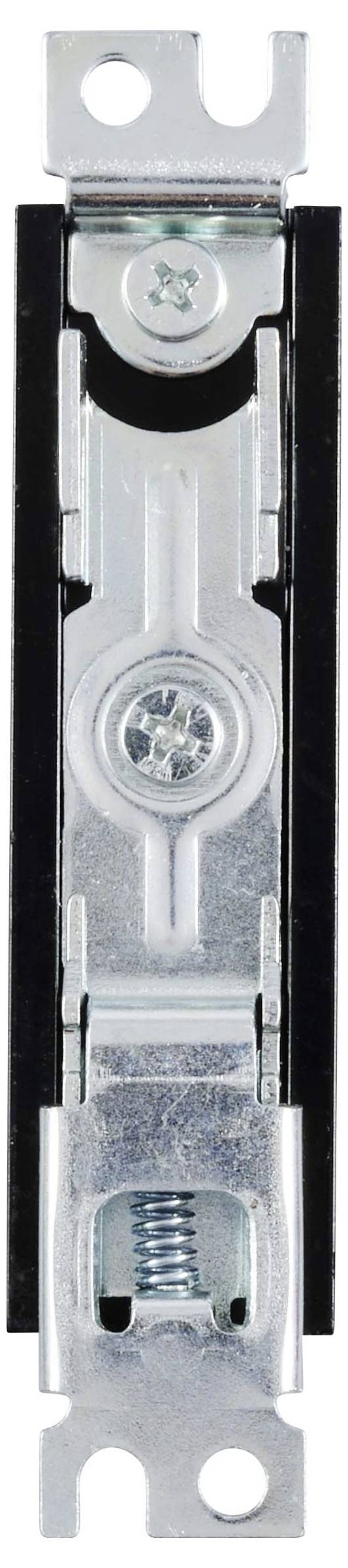 Ein Metall-Schalter-Mechanismus mit Federspannung in schwarzem Rahmen, für elektrische Installationen in Innenräumen.