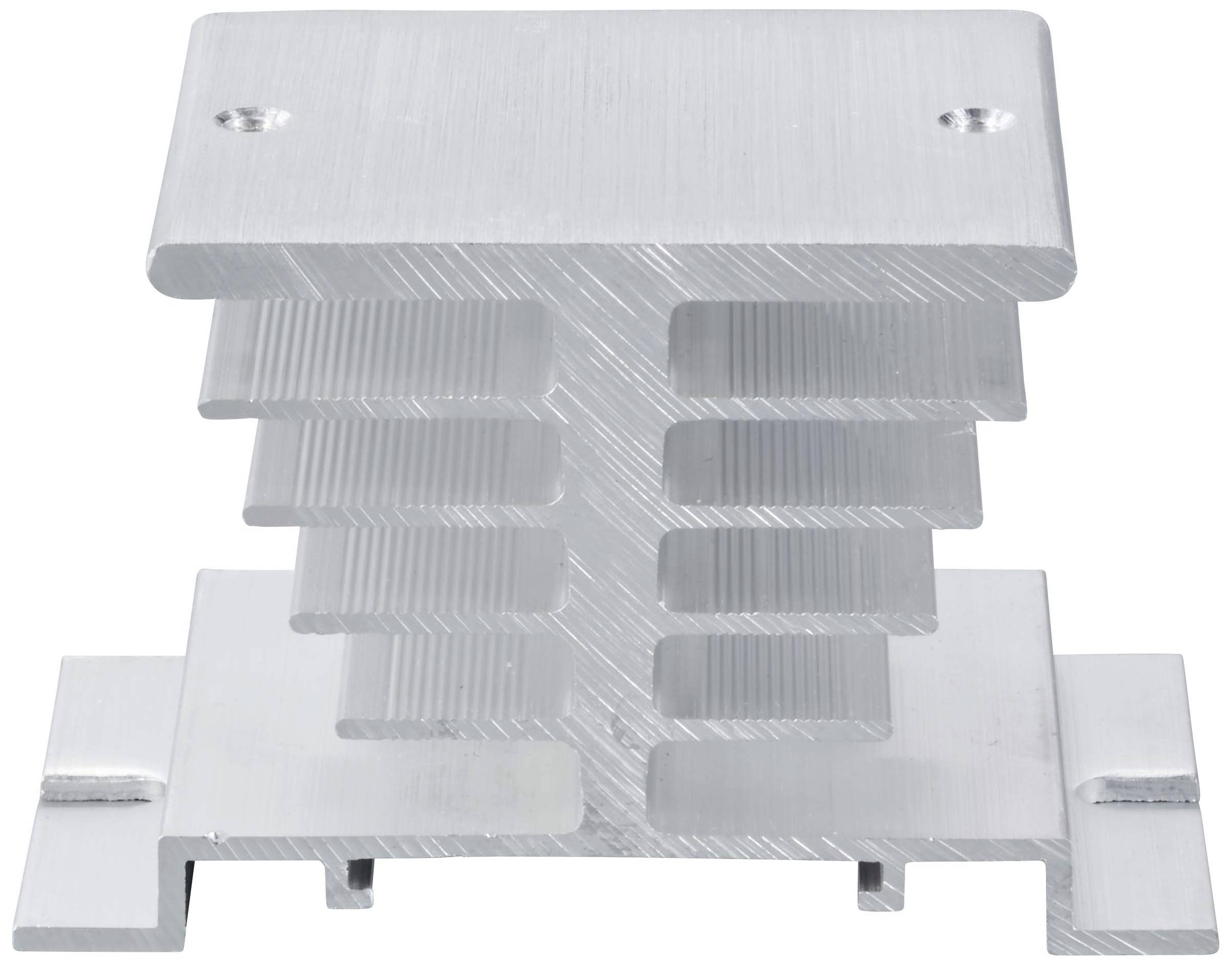 Ein Aluminiumkühlkörper mit mehreren Rippen zur Verbesserung der Wärmeableitung, auf einer weißen Hintergrundfläche liegend.