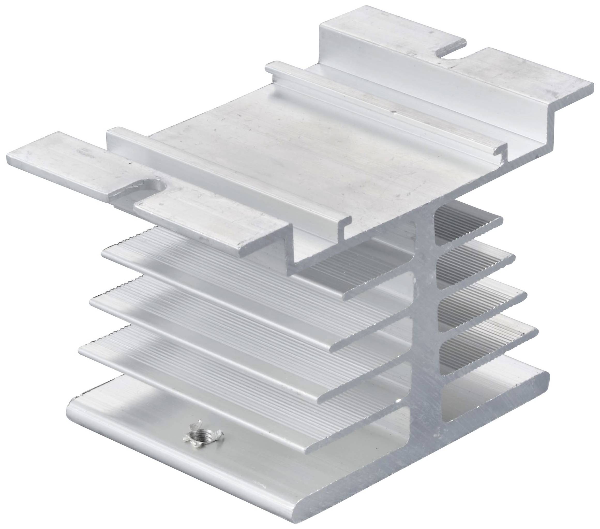 Ein silberner Kühlkörper aus Aluminium mit Lamellenstruktur zur Wärmeableitung, typischerweise verwendet in elektronischen Geräten.