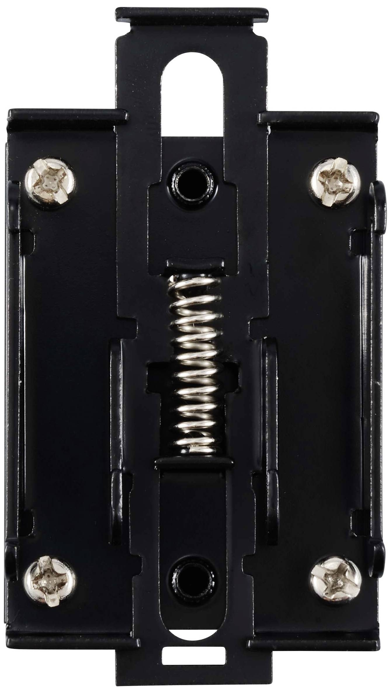 Ein schwarzer Wandschalter mit einer sichtbaren Spiralfeder in der Mitte und vier Schrauben an den Ecken für die Befestigung.