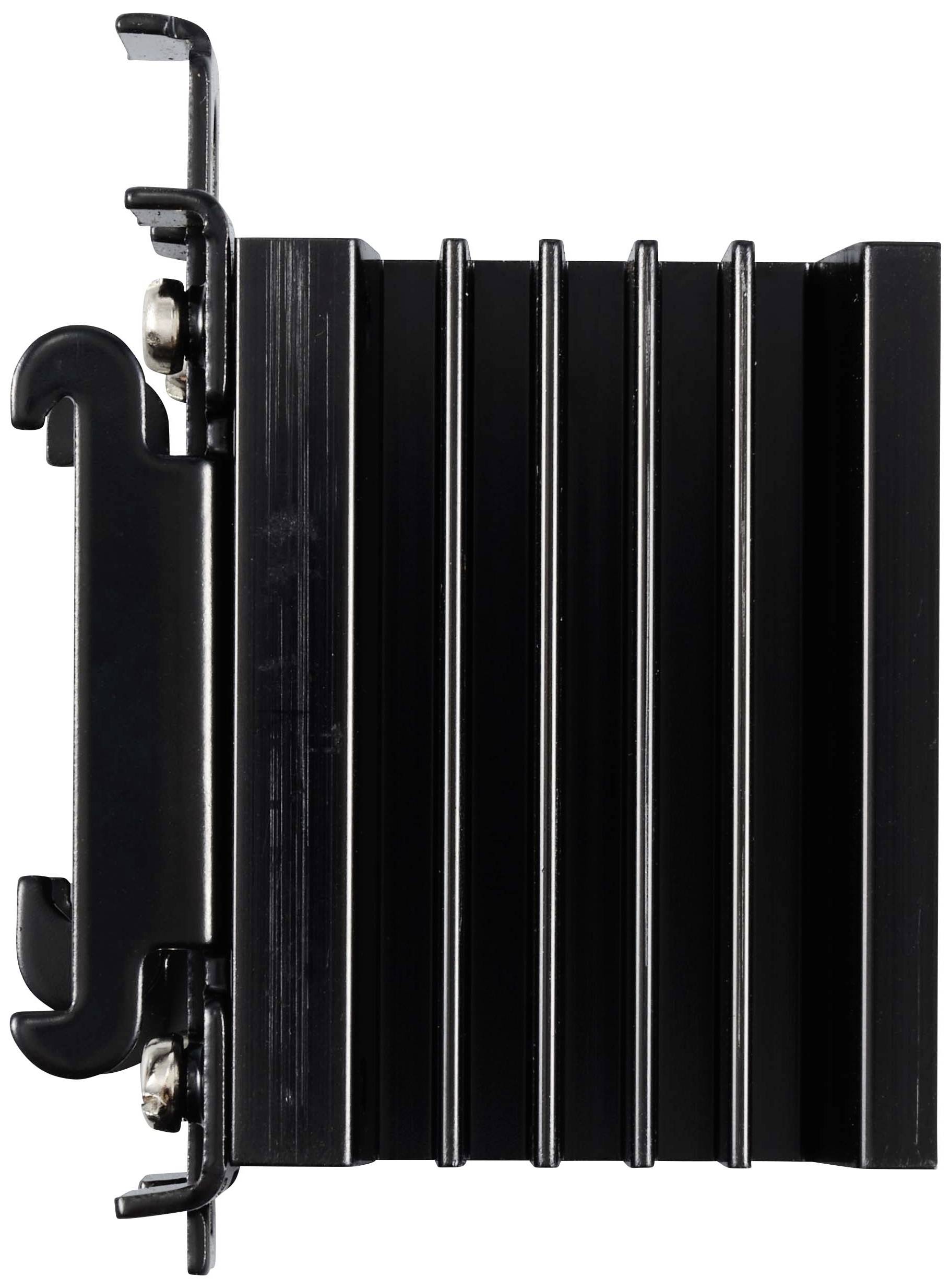 Ein schwarzer, eng gerippter Kühlkörper in vertikaler Ausrichtung, mit Haken und Montageschrauben an den Seiten.