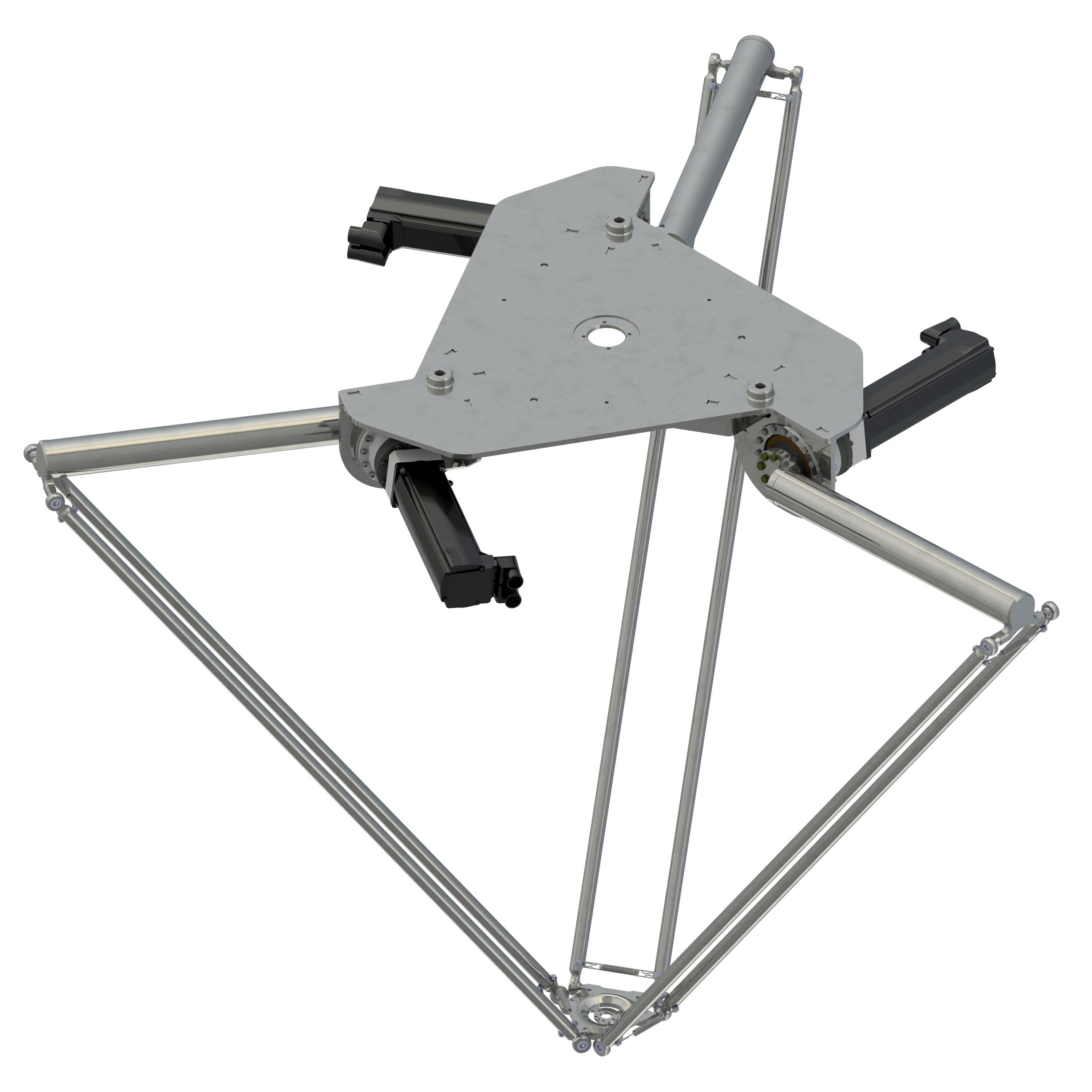 Ein dreieckiger Metallrahmen mit Gelenken und Verlängerungsarmen, möglicherweise Teil einer Maschinen- oder Roboterstruktur.