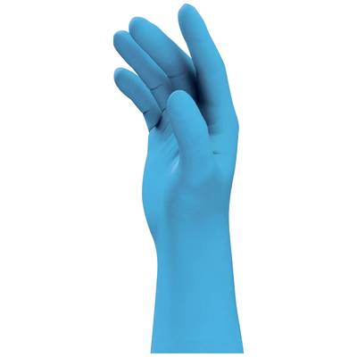 Eine blaue, hochgehaltene Hand zeigt eine Geste, möglicherweise zum Einhalten von Hygiene oder medizinische Zwecke.
