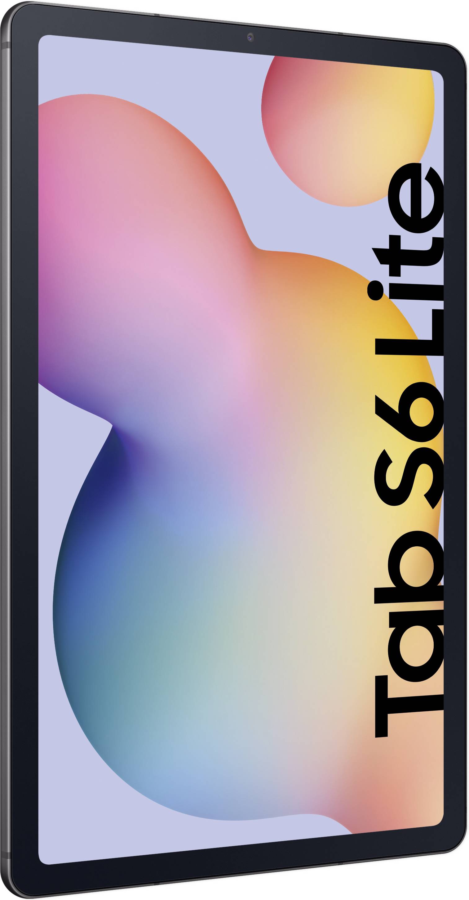Ein Tablet mit der Aufschrift 'Tab S6 Lite' auf dem Bildschirm. Das Display zeigt bunte abstrakte Formen.