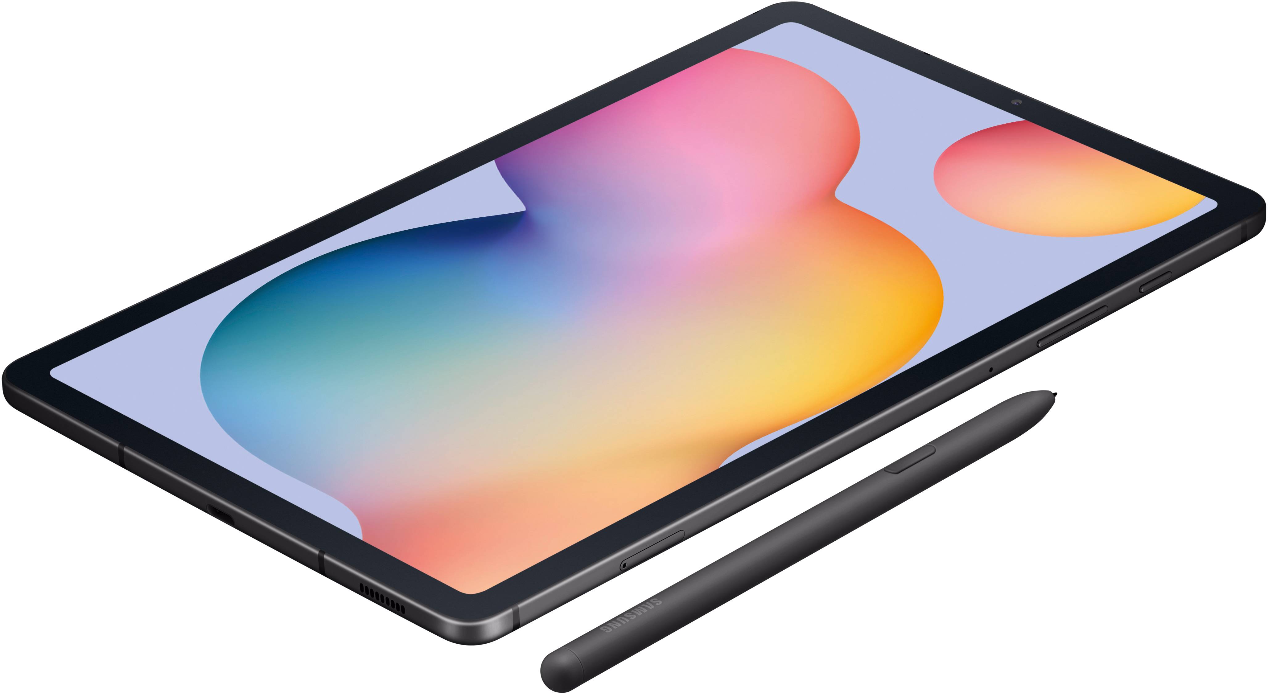 Tablet mit schwarzem Rahmen und digitalem Stift. Der Bildschirm zeigt ein farbenfrohes, abstraktes Muster.