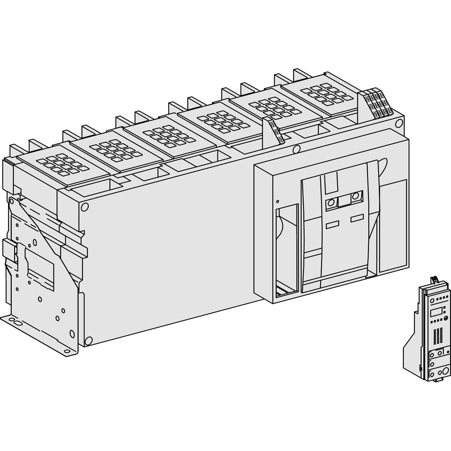Industrierelaisdiagramm, zeigt eine Baueinheit mit mehreren Schaltgruppen und einer Steuerplatine an der Seite.