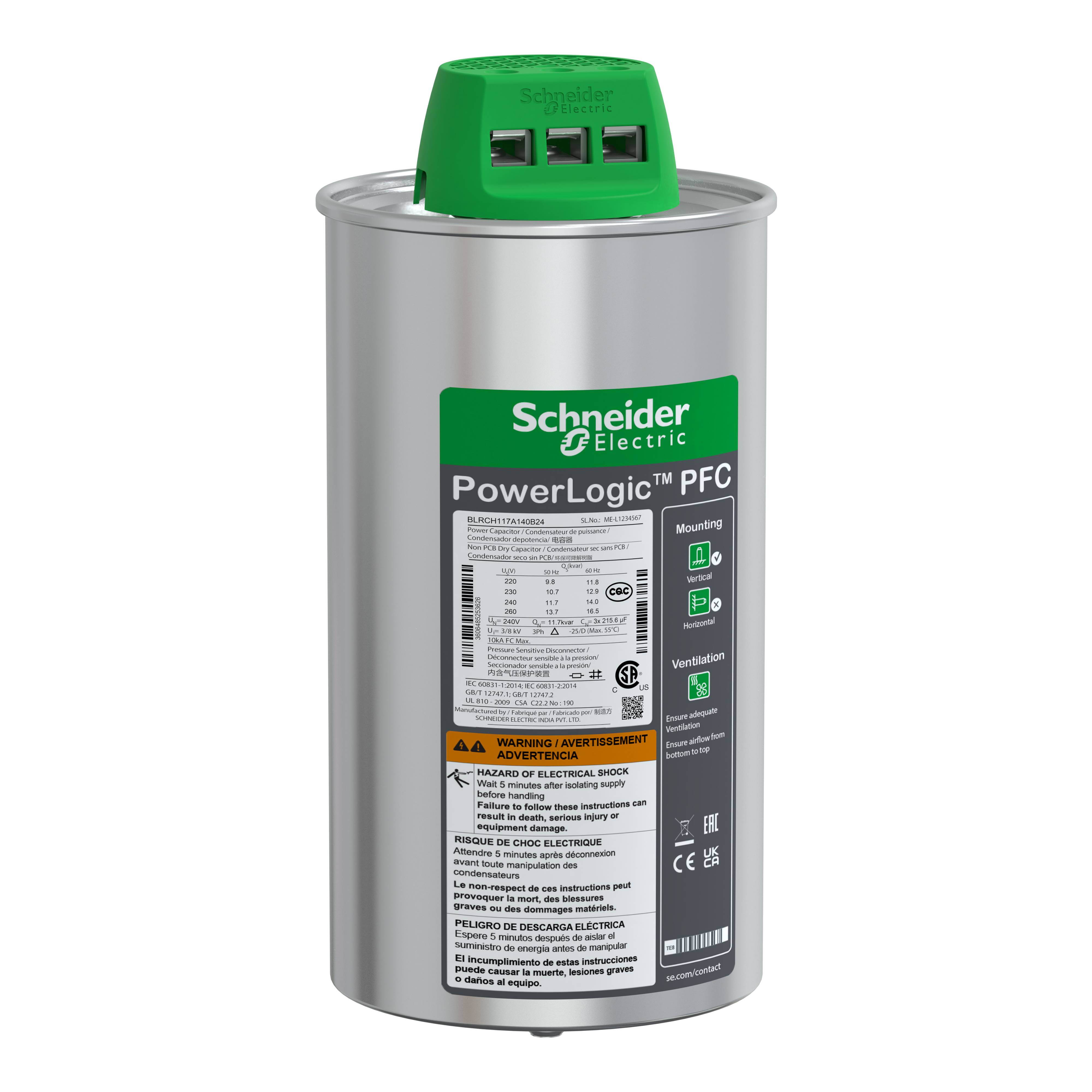 Kondensator von Schneider Electric mit grüner Kappe, Modell 'PowerLogic PFC', zeigt Warnhinweise auf der Vorderseite.