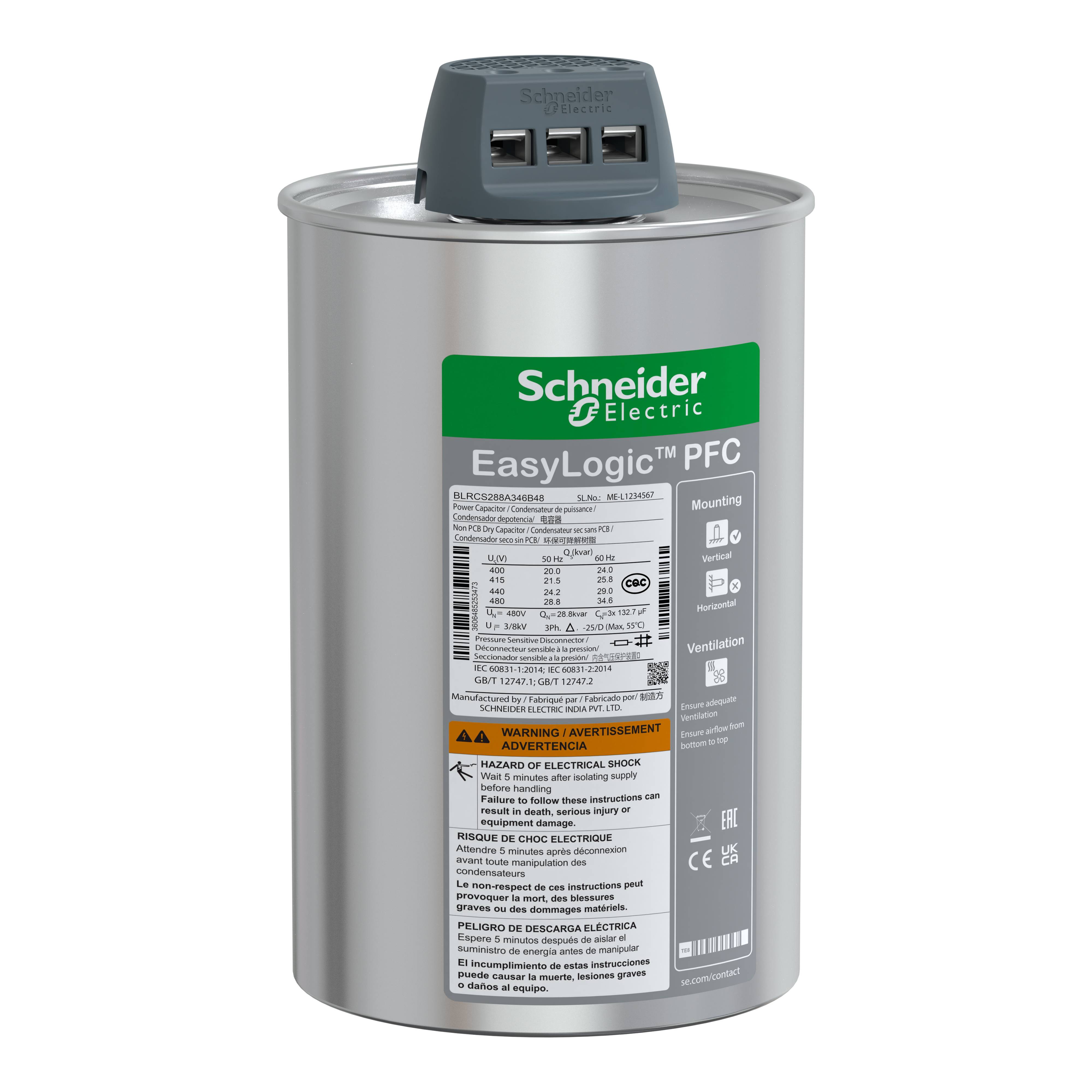 Ein zylindrischer Schneider Electric EasyLogic™ PFC-Kondensator mit Eingangsanschlüssen oben. Etikett zeigt Spezifikationen und Warnhinweise.
