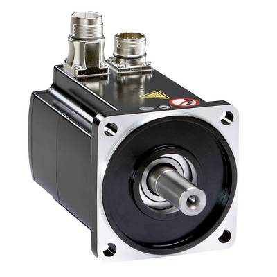 Ein schwarzer Servomotor mit Metallanschlüssen, sichtbarer Achse und Warnsymbolen auf der Oberseite.