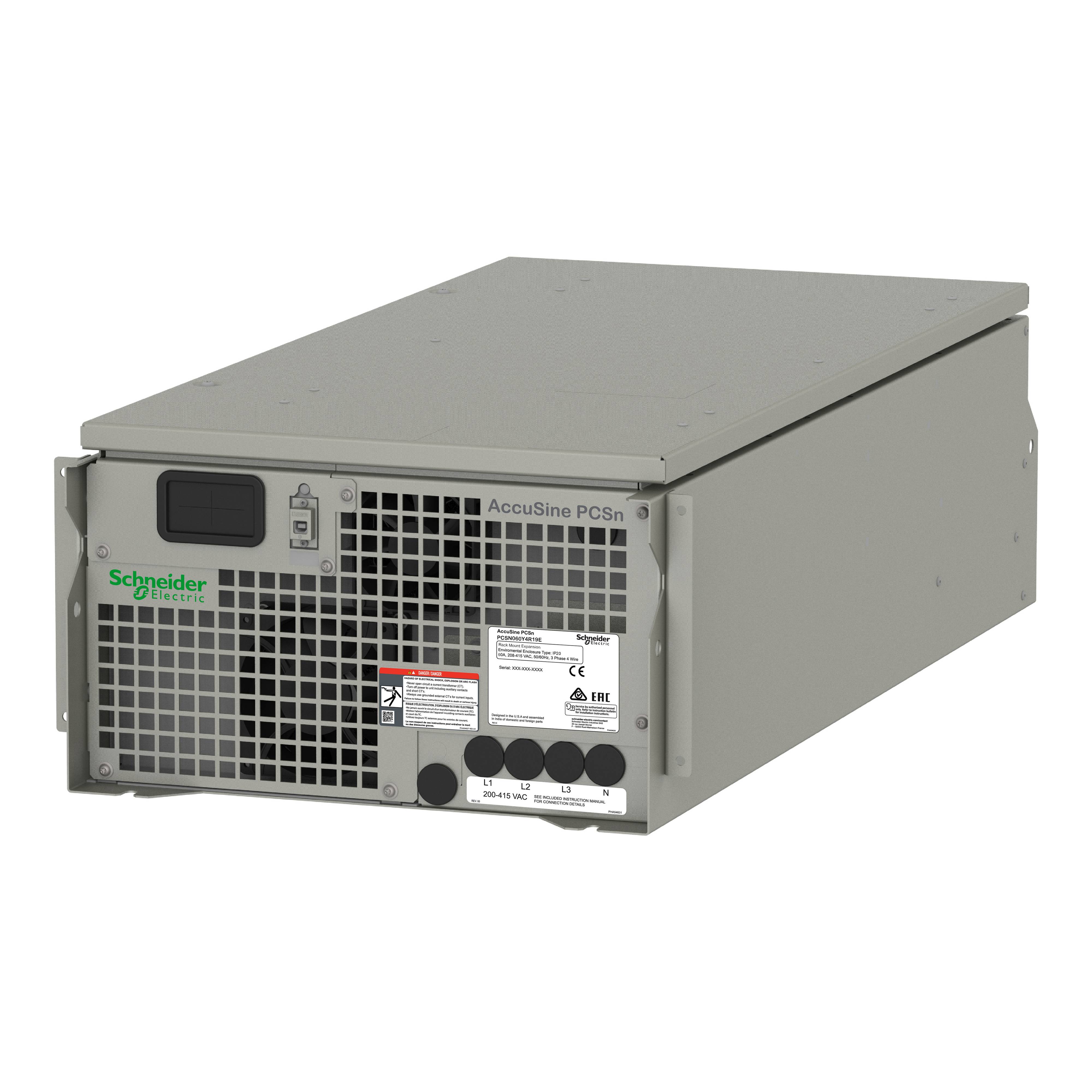 Ein rechteckiges Industriegerät, das mit 'Schneider Electric' und 'AccuSine PCSn' gekennzeichnet ist. Es hat ein graues Gehäuse und ein Lüftungsgitter vorne.