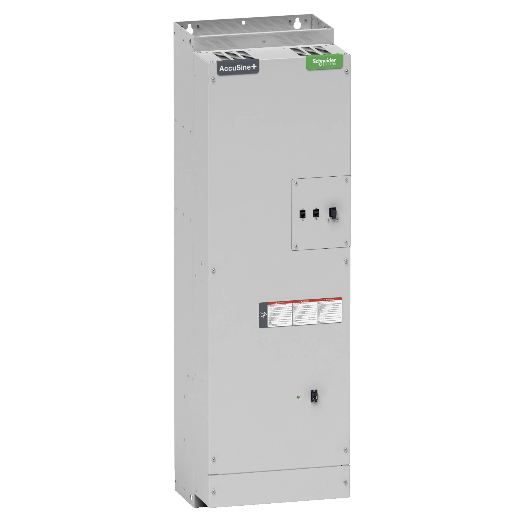 Gehäuse eines elektronischen Geräts mit der Aufschrift 'AccuSine+'. Hauptsächlich in Grau, mit grünen und weißen Farbakzenten.