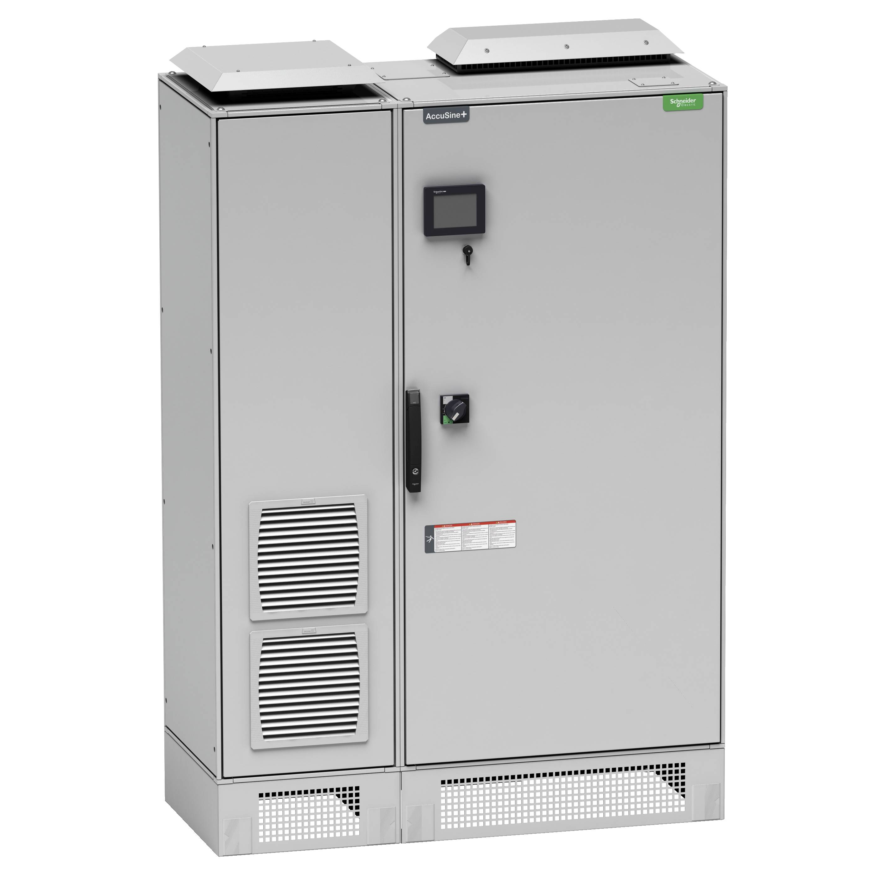 Grau gestrichener Schaltschrank mit Belüftungsgittern und digitalem Display, geeignet für industrielle Anwendungen.