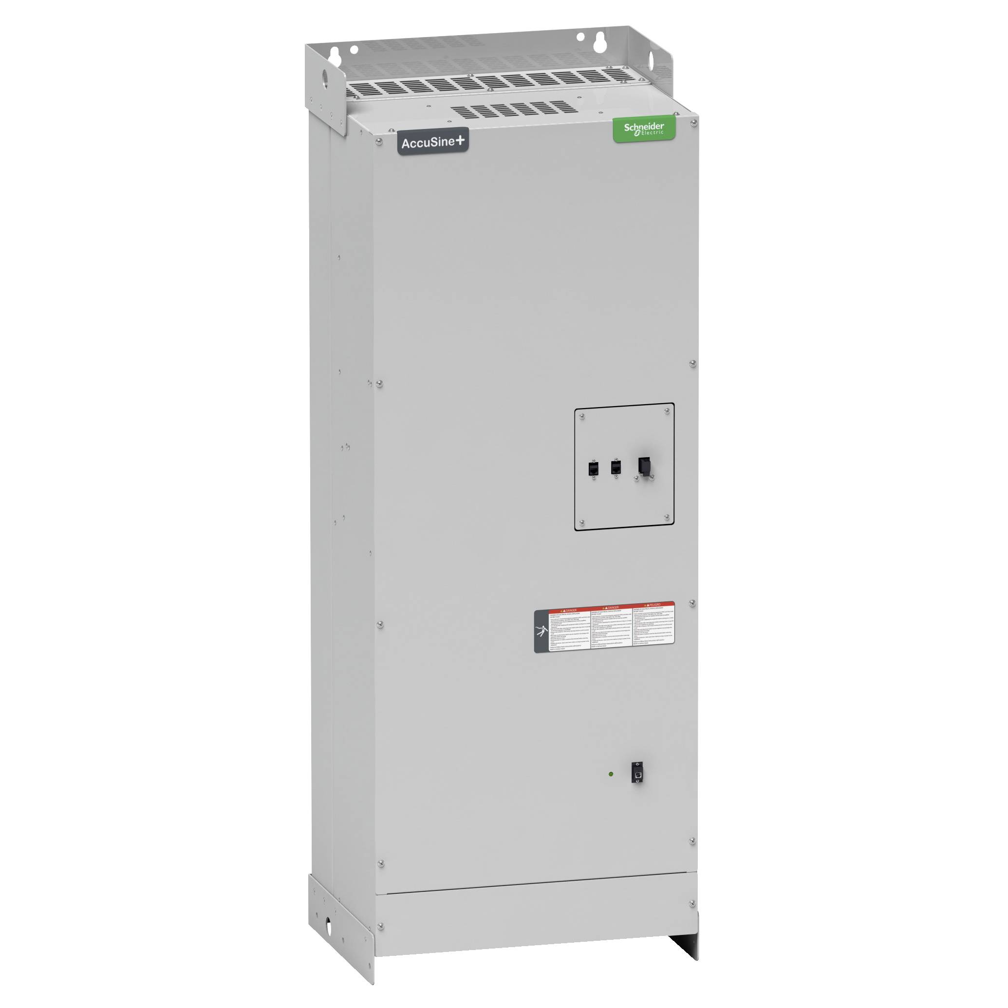 Ein graues elektrisches Gehäuse mit Markenlogo und Steuerknöpfen auf der Vorderseite.