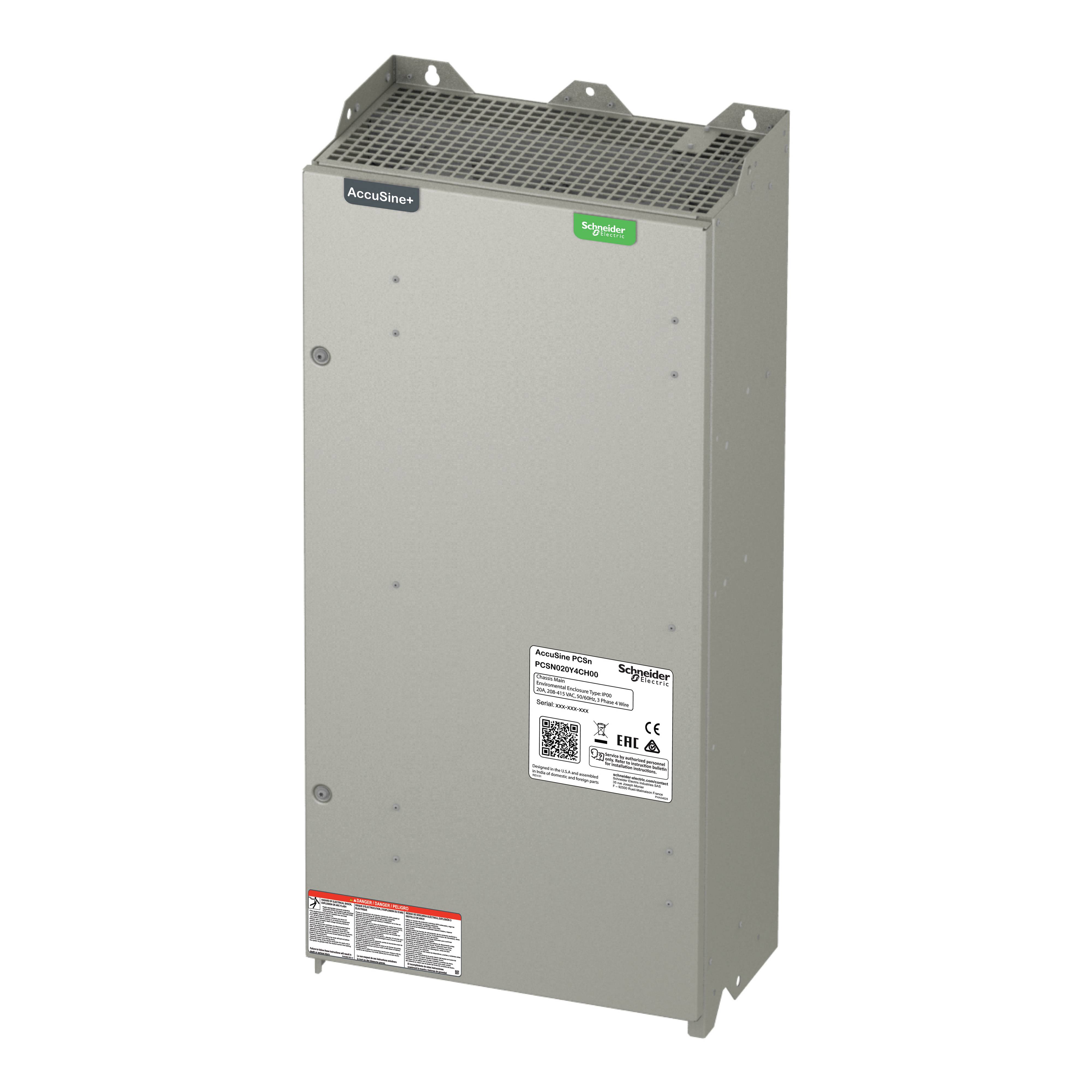 Ein rechteckiges, graues elektrisches Gerät von Schneider Electric mit Labels für Sicherheits- und Qualitätszertifizierung.