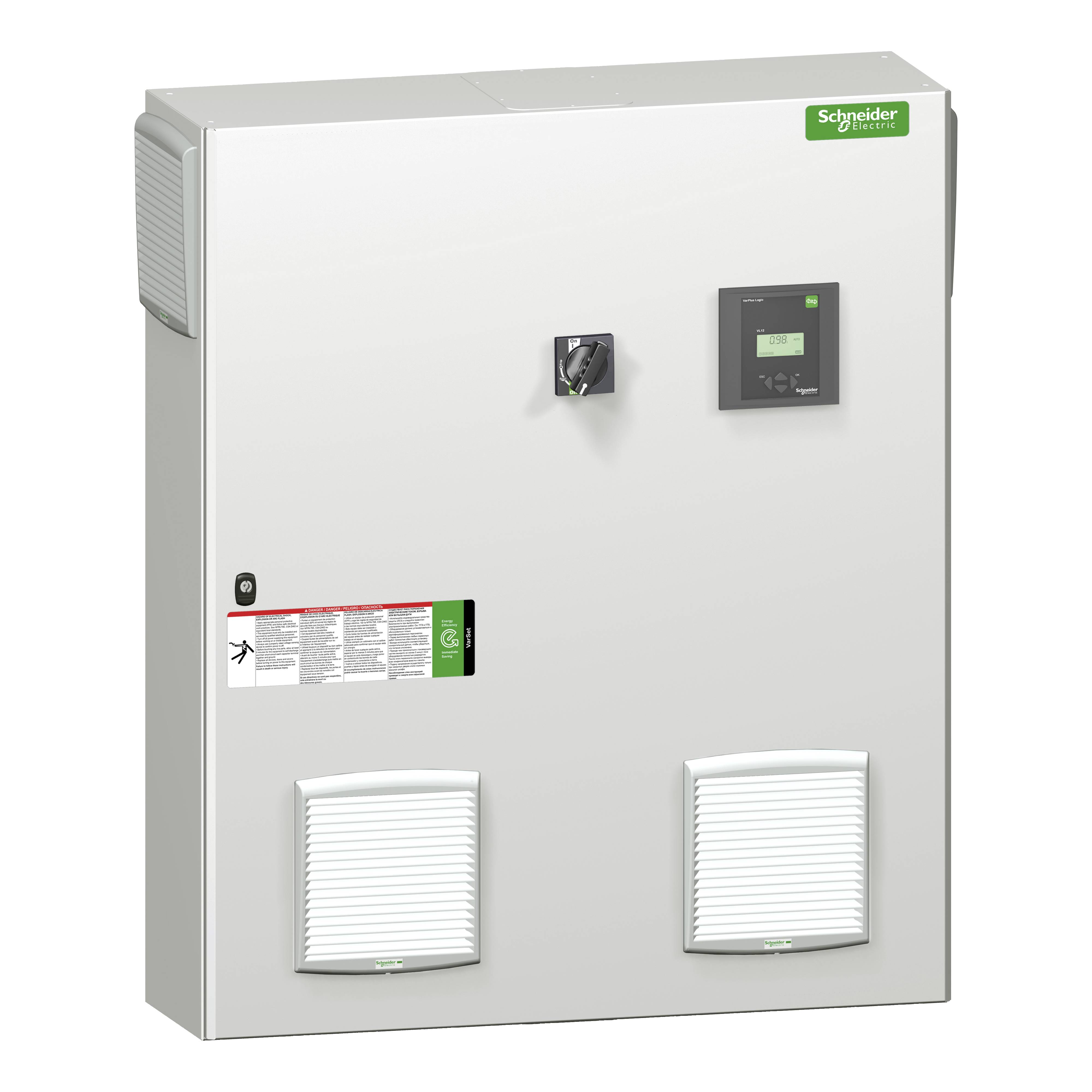 Ein Schaltkasten von Schneider Electric mit Lüftungsgittern und Kontrollanzeige, geeignet für industrielle Anwendungen.