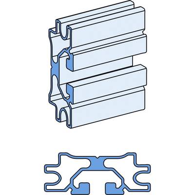 Eine technische Zeichnung eines blauen Aluminiumprofils mit Querschnittsansicht zeigt die Form und Struktur für mechanische Anwendungen.