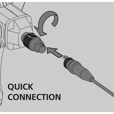 Schematische Darstellung eines Steckers, der mit einem Gerät verbunden wird, mit Pfeilen, die die Richtung der Verbindung anzeigen. Text: 'Quick Connection'.