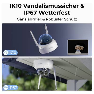 IK10 vandalismesicher und IP67 wetterfest" Sicherheitskamera, robuster Schutz, montiert unter Dachrinne im Regen.