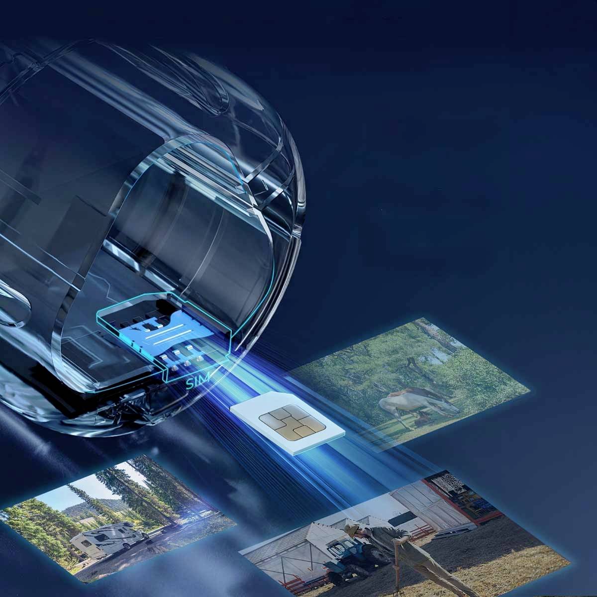 Ein SIM-Karten-Chip wird in eine kreisförmige Halterung eingeführt, umgeben von Naturfotos, die Landschaften und ein Pferd zeigen.