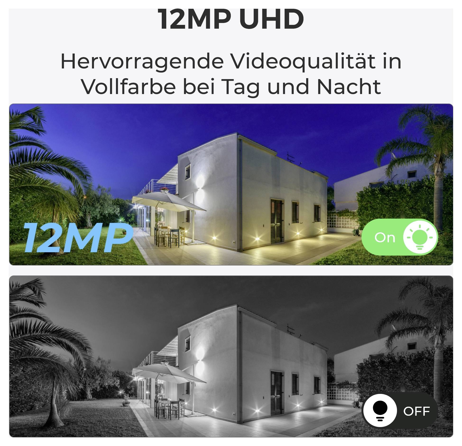 Vergleich einer Aufnahme eines Hauses mit Farbkamera (oben) und Schwarzweißkamera (unten). Oberes Bild zeigt lebendige Farben, unteres ist monochrom.