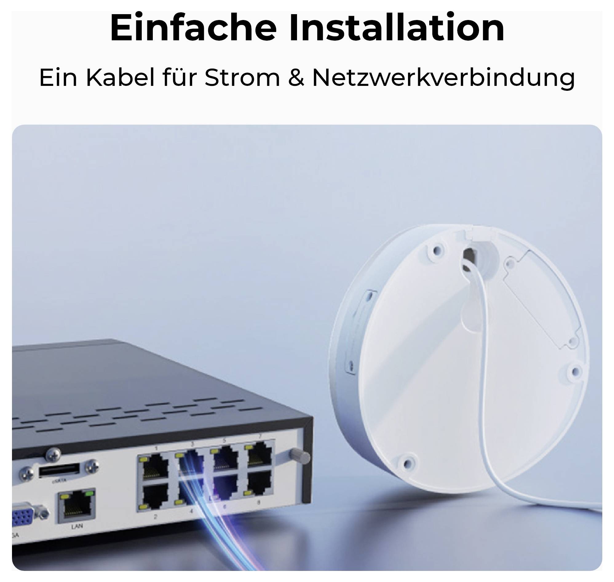 Ein kleines Gerät mit mehreren Anschlüssen ist über mehrere Kabel mit einem runden, weißen Objekt verbunden. Text lautet: 'Einfache Installation.'