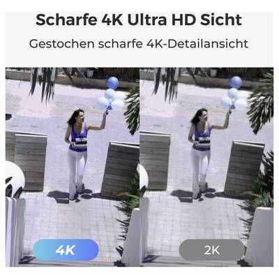Vergleich zweier Bilder, die eine Frau mit Luftballons zeigen. Die linke Seite, mit 4K beschriftet, ist klarer als die rechte Seite mit 2K-Beschriftung, was die HD-Qualität betont.