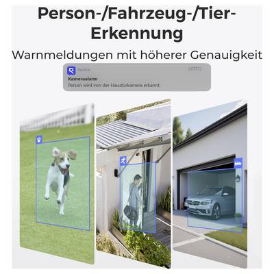 Eine Person, ein Hund und ein Auto werden von Sicherheitskameras erkannt, wobei Merkmale für präzise Warnungen in Heimüberwachungssystemen hervorgehoben werden.