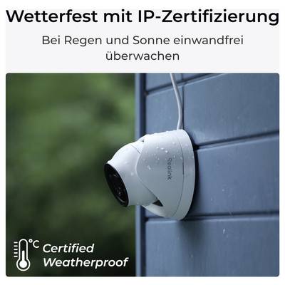 Überwachungskamera an einer Wand montiert unter dem Text 'Wetterfest mit IP-Zertifizierung. Bei Regen und Sonne einwandfrei überwachen.'