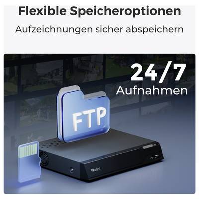 'Reolink DVR mit FTP-Symbol, Speicherkarte und Text '24/7 Aufnahmen', betont flexible und sichere Speichermöglichkeiten für Aufzeichnungen.'