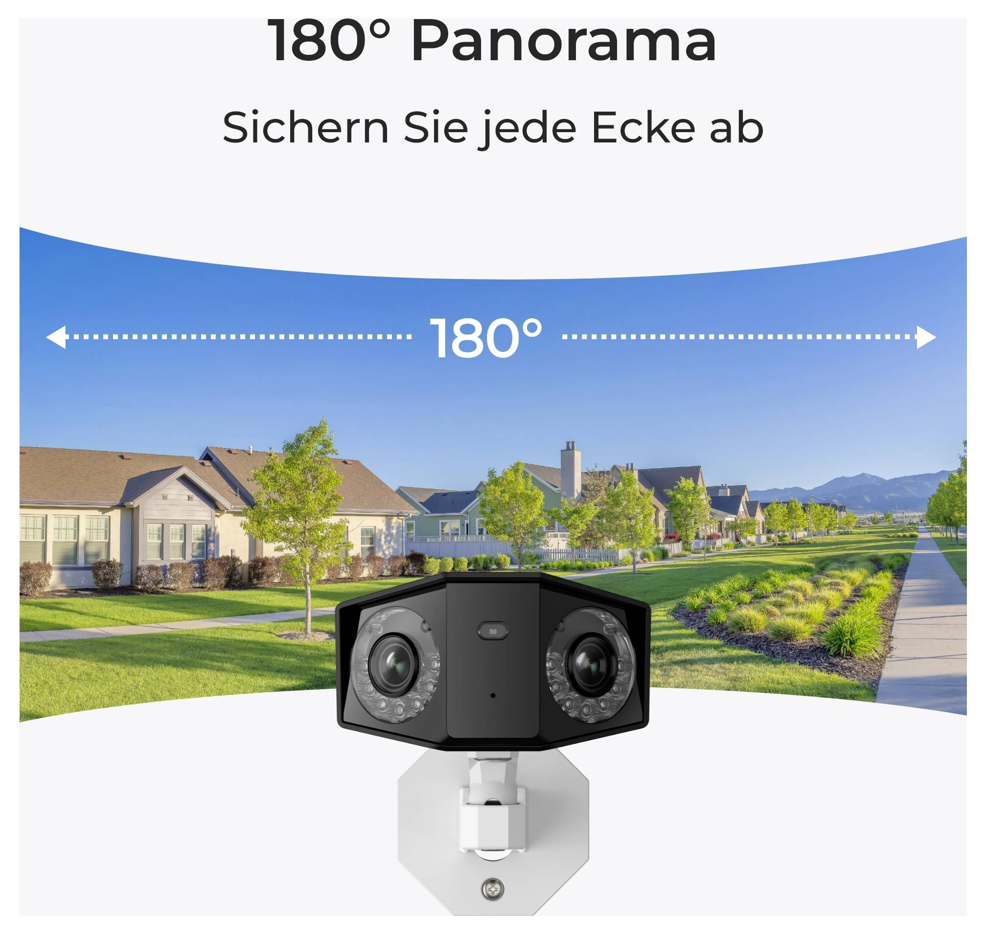 Eine Panorama-Sicherheitskamera mit 180°-Sichtfeld, die in einem Wohnviertel gezeigt wird und die Abdeckung jeder Ecke betont. Text liest sich: '180° Panorama. Sichern Sie jede Ecke ab.'
