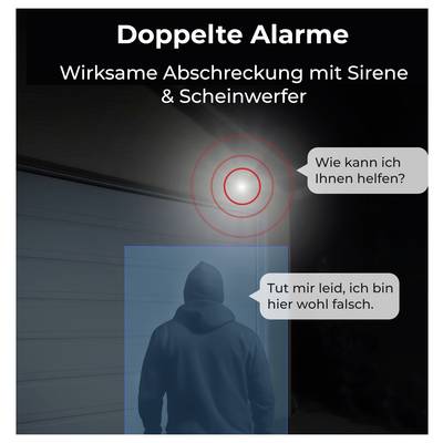 A person in a hooded sweatshirt approaches a motion-triggered light and alarm. Speech bubbles: 'Wie kann ich Ihnen helfen?' and 'Tut mir leid, ich bin hier wohl falsch.'