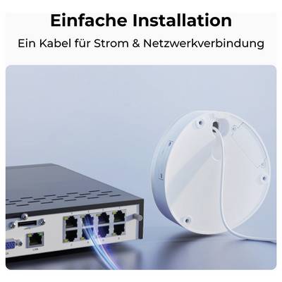 Ein Netzwerkgerät mit Anschlüssen, die durch ein einzelnes Kabel verbunden sind, das mit 'Ein Kabel für Strom & Netzwerkverbindung' beschriftet ist und eine einfache Installation anzeigt.
