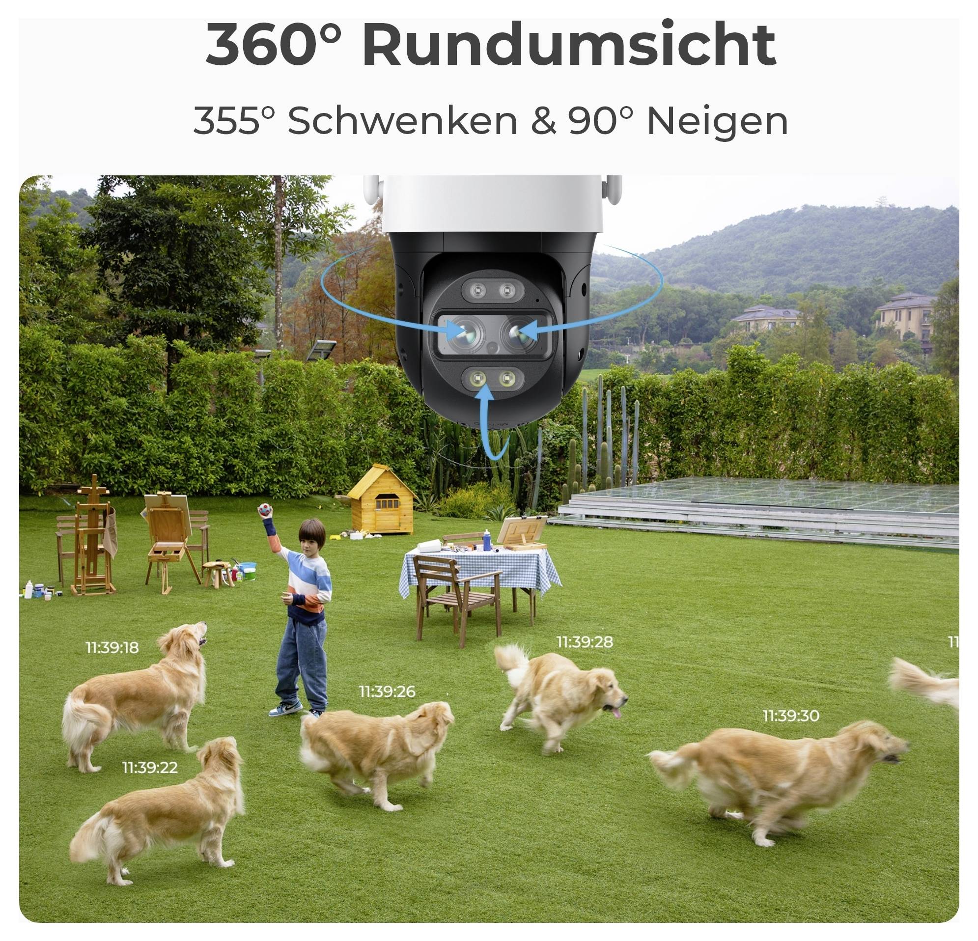 Eine Überwachungskamera zeigt mehrere Golden Retriever, die draußen spielen; ein Kind dokumentiert die Szene.