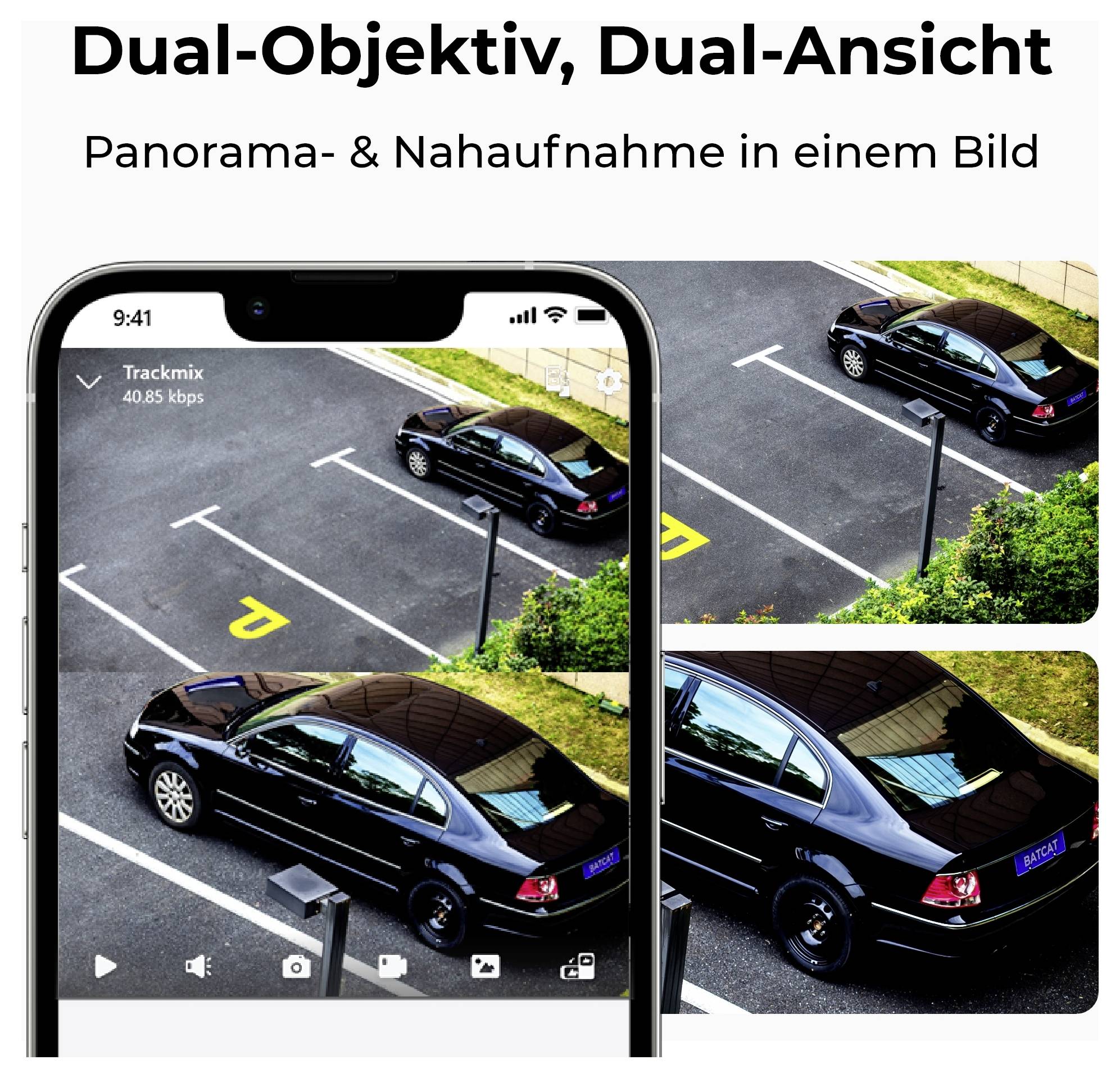 'Smartphone mit Kameraansicht zeigt schwarze Autos auf Parkplatz. Text oben: Dual-Objektiv, Dual-Ansicht. Panorama- & Nahaufnahme in einem Bild.'
