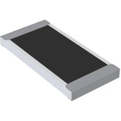 Eine schwarze rechteckige elektronische Komponente mit metallischen Kanten, aus einem Winkel betrachtet, möglicherweise ein Chipwiderstand oder Kondensator für Leiterplatten.