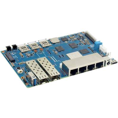 Eine blau-grüne Elektronikplatine mit mehreren Chipmodulen, Ethernet-Ports und Steckverbindungen, vermutlich ein Netzwerkgeräte-Board.