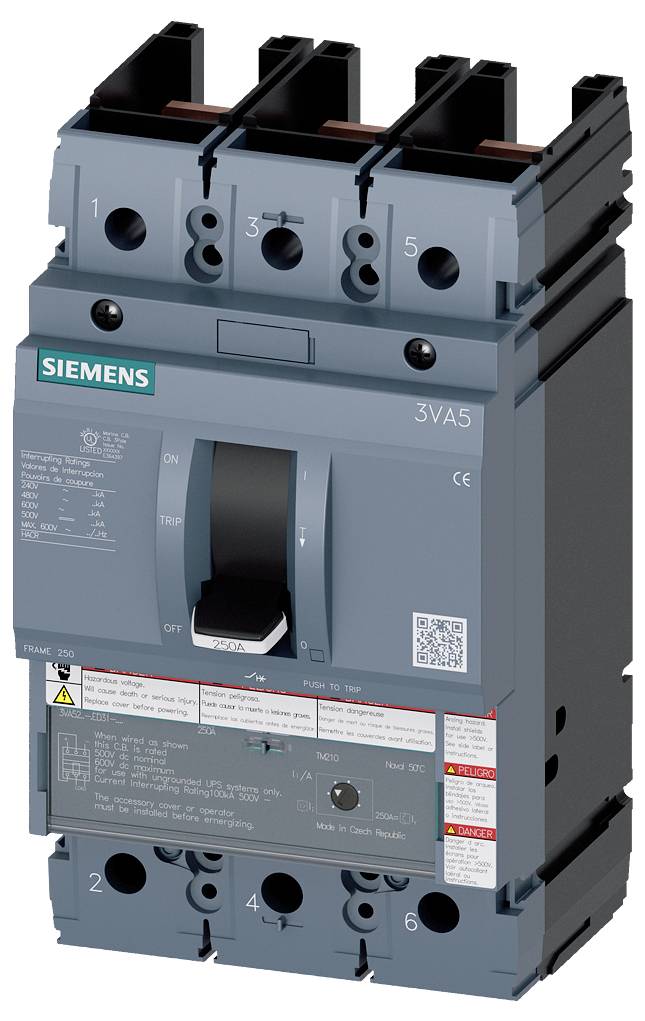 Leistungsschalter der Marke Siemens, Typ 3VA5, dreipolig, mit Schaltgriff, geeignet für industrielle Anwendungszwecke.