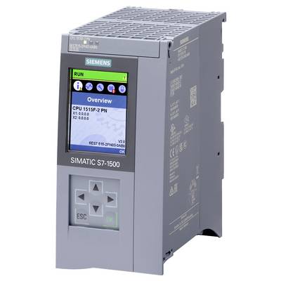 Industrie-CPU-Modul 'Siemens SIMATIC S7-1500' mit Display, das Statusinformationen und Betriebsdetails anzeigt.