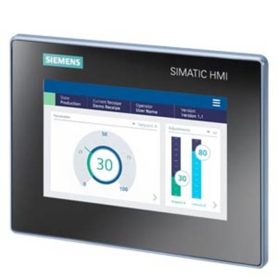 Ein elektronisches Display zeigt 'SIMATIC HMI', Diagramme mit Zahlen und Barometer, und das Siemens-Logo oben links.
