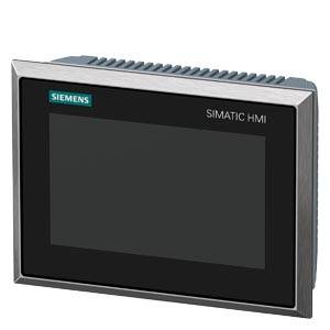 Ein Siemens Simatic HMI-Display mit einem schwarzen Bildschirm und silbernem Rahmen, genutzt zur Maschinensteuerung.