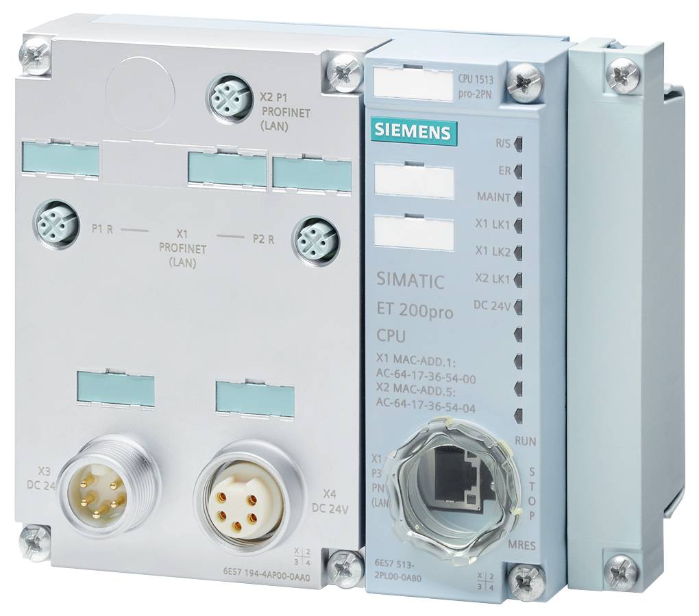 Industrie-Automationsgerät von Siemens, Modell SIMATIC ET 200pro. Enthält Anschlüsse für PROFINET und Ethernet, LEDs für Statusanzeigen.