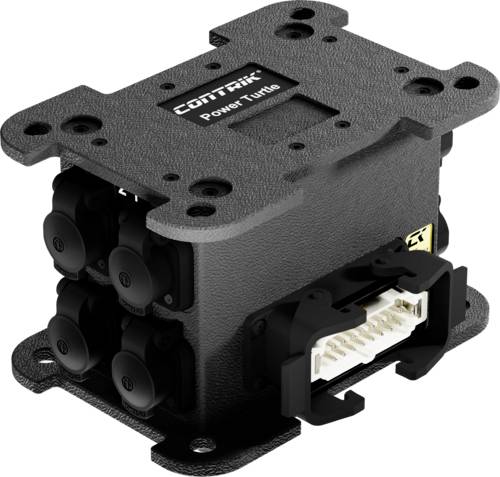 Elektrisches Modul mit mehreren Steckern und Kabelanschlüssen, beschriftet mit 'CONTRIK Power Turtle'.