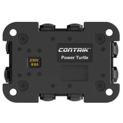 Elektrisches Gerät mit vier Steckdosen, beschriftet mit 'CONTRIK Power Turtle' und '230V 8A'. Design mit abgerundeten Ecken.