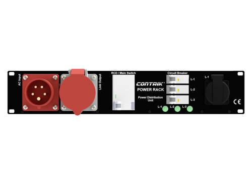 Elektrisches Verteilergerät mit rotem Steckdosenanschluss, Schaltern und Sicherungen, beschriftet mit 'CONTRIK POWER RACK'.