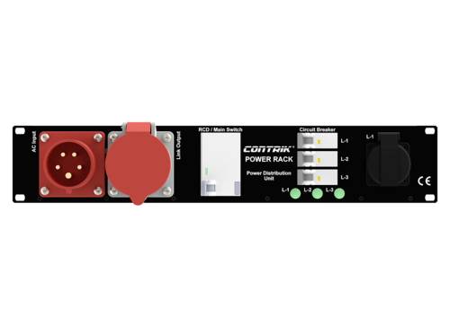 'CONTRIK Power Rack' mit einem Hauptschalter, einer RCD/Main Switch-Anzeige und Schalter für L1, L2, L3. Ein roter AC Power-Anschluss ist links.