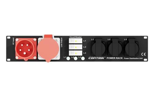 'Contrik Power Rack' Stromverteilungseinheit mit einem AC Eingang links, drei Leistungsschutzschaltern in der Mitte und drei Ausgängen rechts.