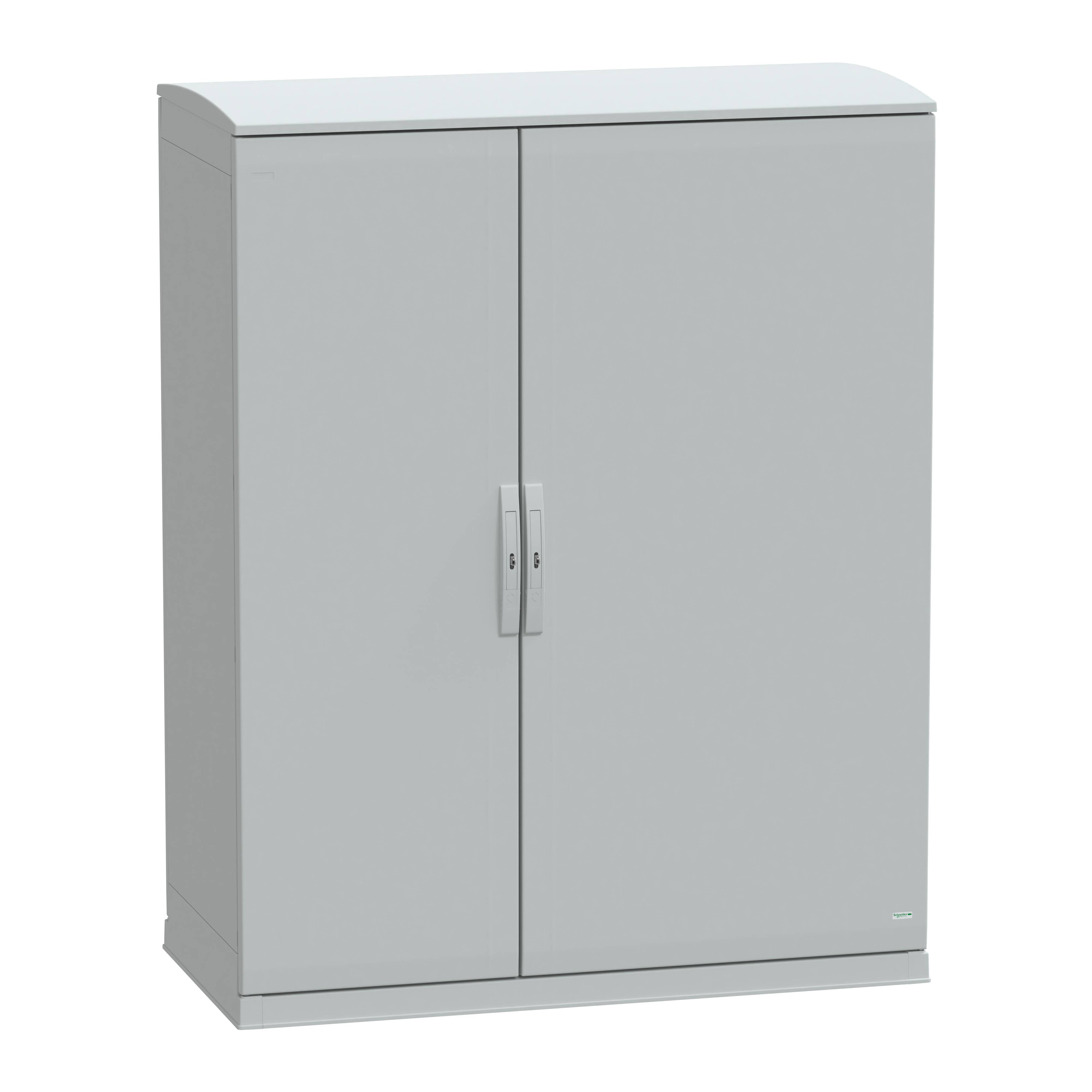 Grauer Stahlschrank mit zwei Türen und einem Schloss, geeignet für die Aufbewahrung von Dokumenten oder Büromaterialien.