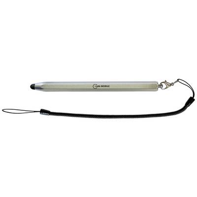 Silberner Eingabestift mit schwarzer, elastischer Schnur, verwendet für Touchscreens.