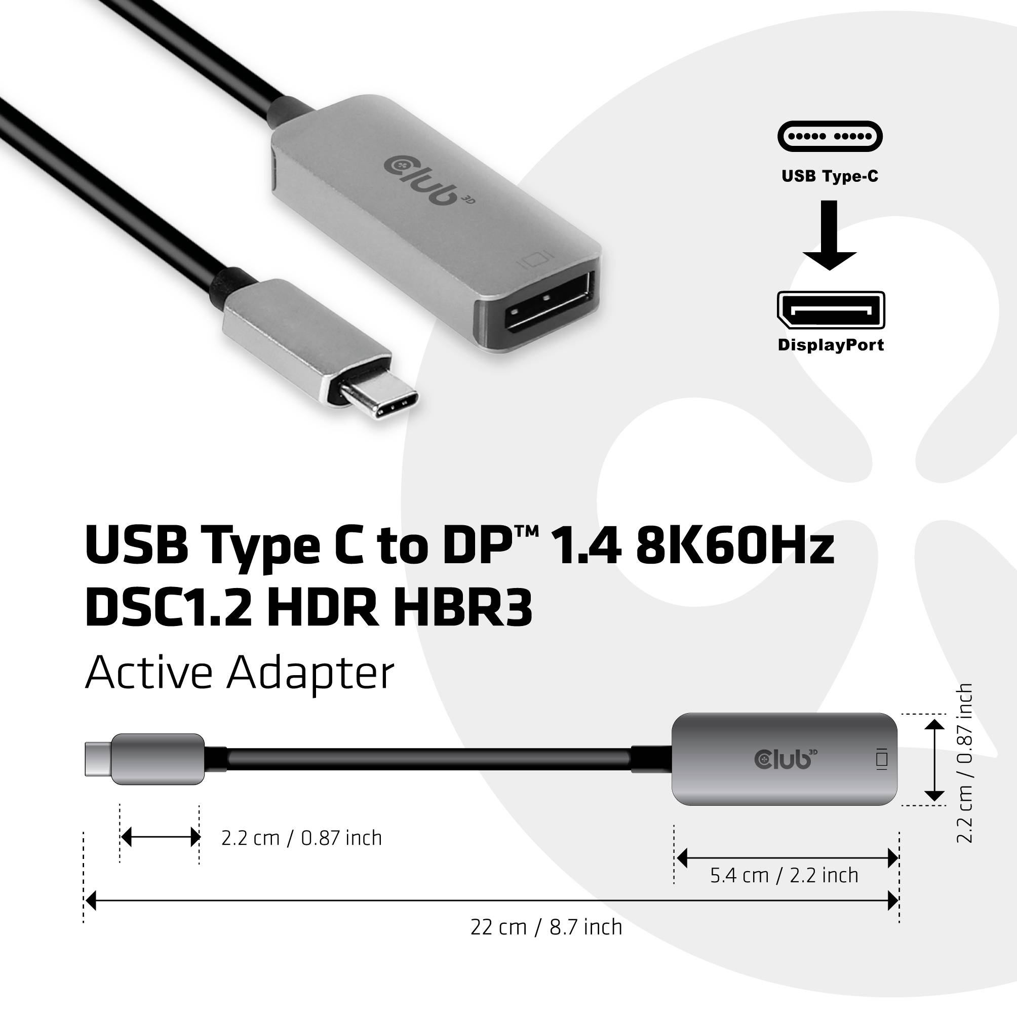'USB Type C zu DP 1.4 8K60Hz Adapter'. Zeigt einen USB-C-Stecker und einen DisplayPort-Stecker mit Beschriftungen und Maßen.